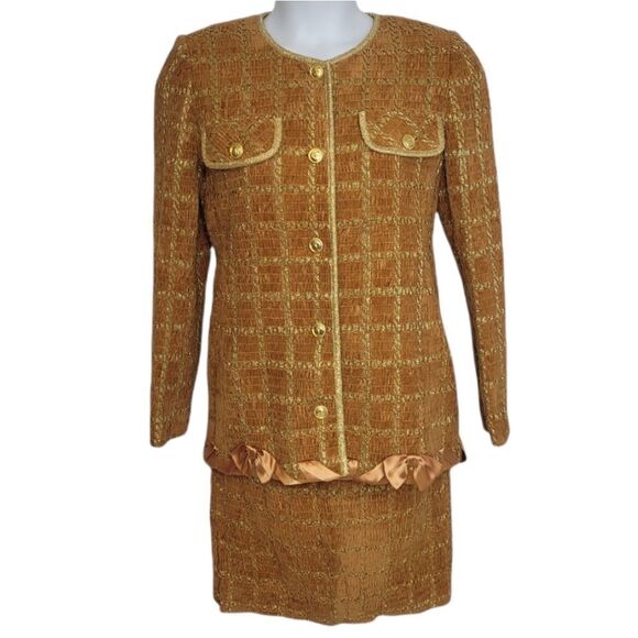 VINTAGE 60s set marigold chenille and metallic gold skirt suit S‎ - Picture 1 of 14